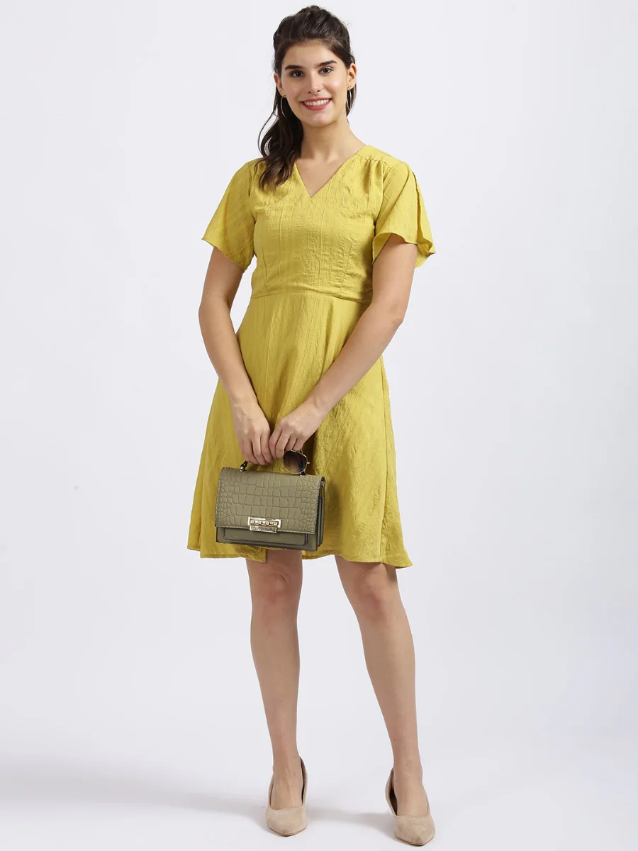 Yellow Self Design Fit & Flare Dress - Image 6