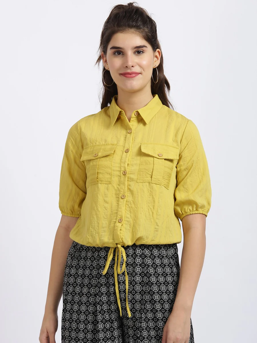 Yellow Self Design Shirt Style Top - Image 2